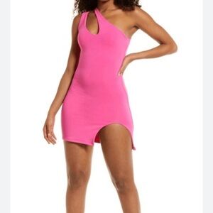 NEW Naked Wardrobe Hot Pink One-Shoulder Cutout Mini Dress with Side Slit, Small